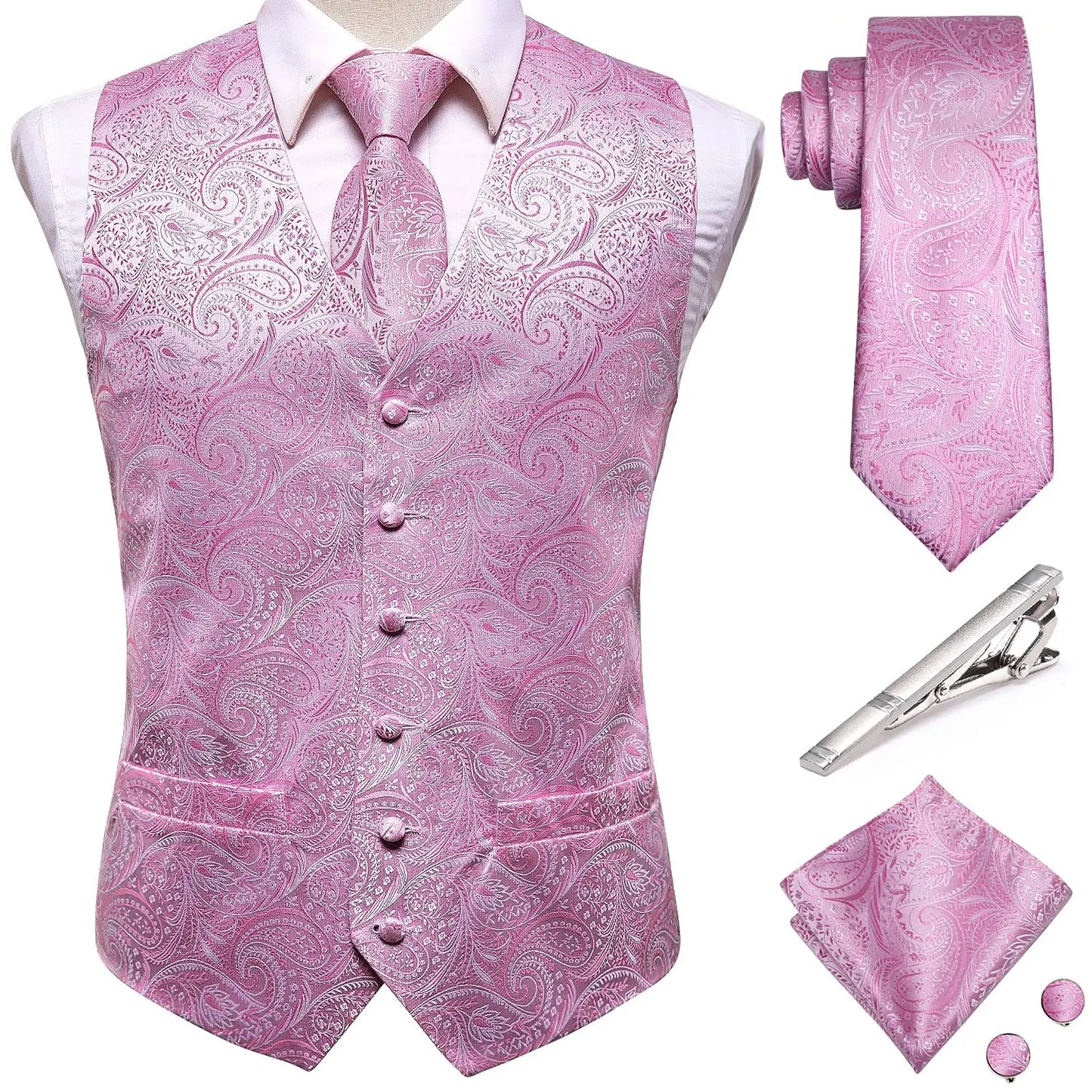 Luxury Gold Black Mens Vests Print Jacquard Waistcoat Tie Hanky Cufflinks Brooch Set for Men Wedding Formal Business Hi-Tie