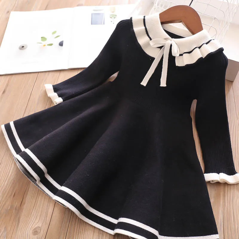 New Girl Baby Sweater Knitted Dress Children Warm Sweater Dress for Girls Infant Casual Pure Color Pleated Princess Dress
