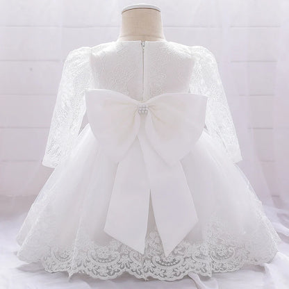 Long Sleeve Baby Girls Dress Newborn White Baptism Tulle Party Wedding 1st Birthday Princess Dresses Infant Girls Bow Prom Gown