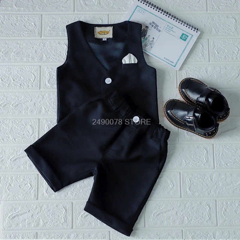 Boys Girls Summer Vest Shorts Clothing Set Baby Children Birthday Ceremonial Wedding Dress Skirt Suit Gentleman Kids Costumes