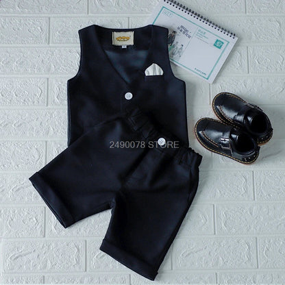 Boys Girls Summer Vest Shorts Clothing Set Baby Children Birthday Ceremonial Wedding Dress Skirt Suit Gentleman Kids Costumes