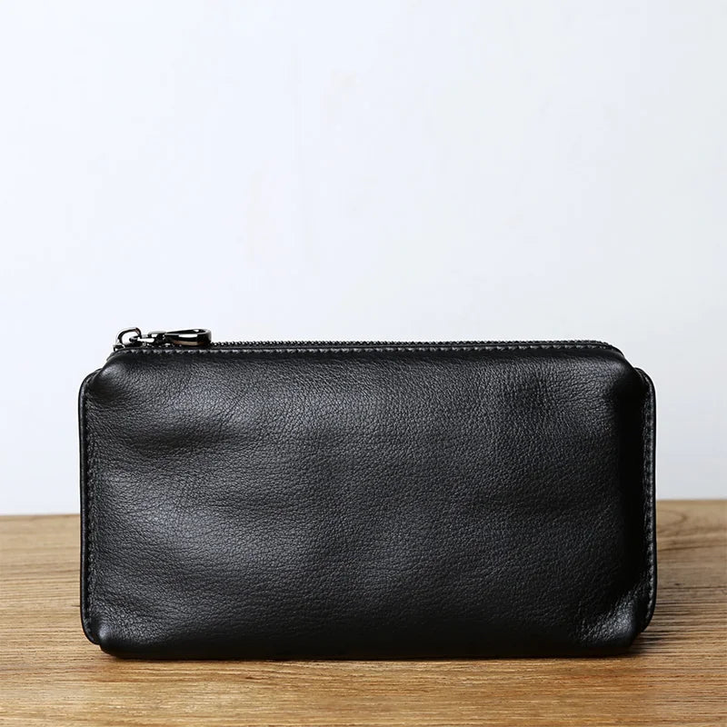 Leather Leisure Man With Long Purse, Soft Leather, Hand Zipper, Money Chuck Layer, Cowhide Credit Card Bag, Cell Phone Bag