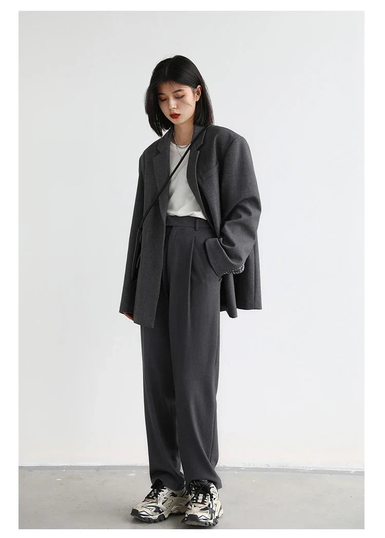 Simple Casual Women Twill Suit Pants Wide Leg Pants Straight Floor Pants Office Ladies Female Trousers