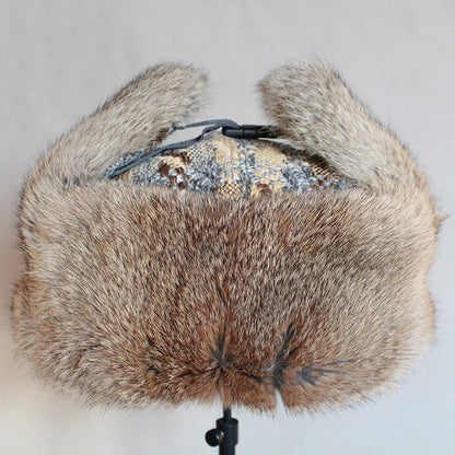 Rabbit Fur Russian Bomber Hat Women WinterTrapper Snow Cap  Earflap Ushanka