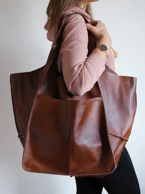 Casual Soft Large Capacity Tote Women Handbags Designer Aged Metal Look Luxury Pu Leather Shoulder Bag Retro Big Shopper Purses