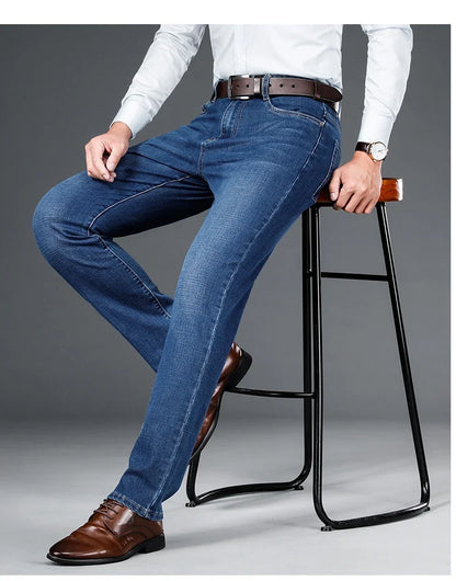2024 autumn spring fitted straight stretch denim jeans classic style badge youth men's business casual jeans trousers
