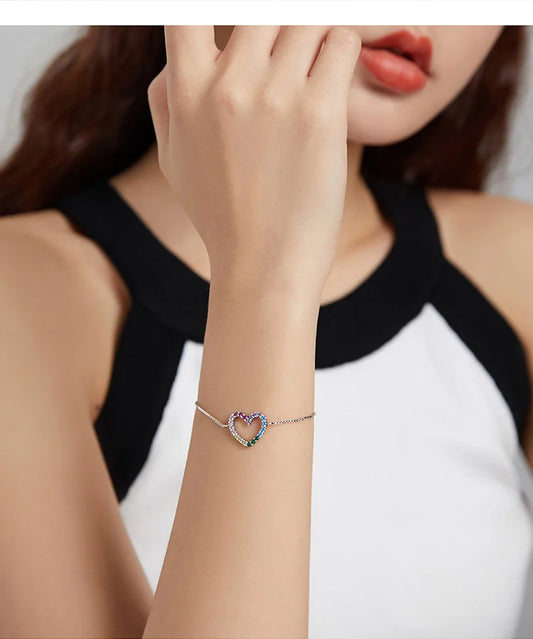 Bracelet réglable en argent sterling 925 avec motif cœur coloré, chaîne zircon amour pour femmes, bijoux fins SCB216