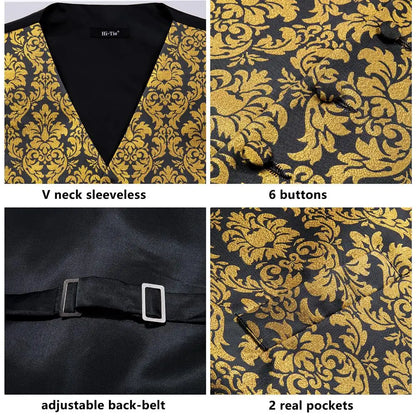 Luxury Gold Black Mens Vests Print Jacquard Waistcoat Tie Hanky Cufflinks Brooch Set for Men Wedding Formal Business Hi-Tie