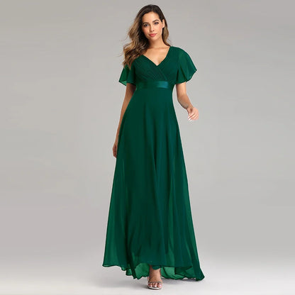 Evening Dresses Elegant V-Neck Ruffles Chiffon Formal Evening Gown  Robe Vestidos De Fiesta Dress for Wedding Party