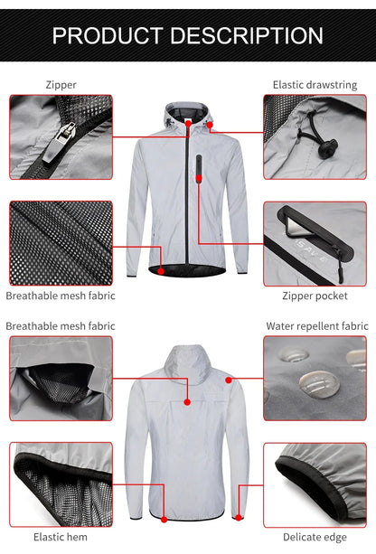 Full Reflective Jacket with Hoodie High Visibility Waterproof Wind Breaker Men Women Hiking Cycling Running Safety Vest
