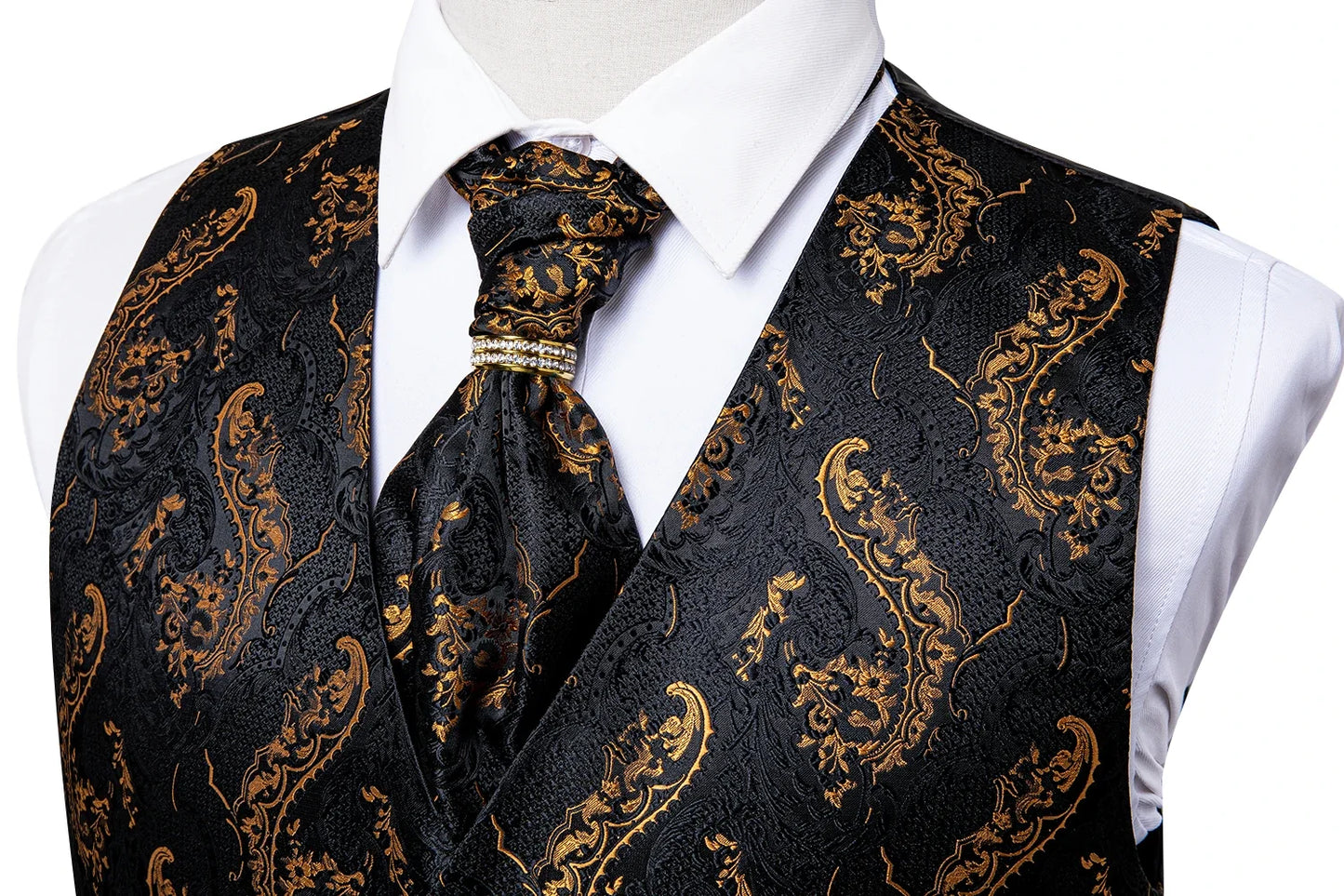 Men Gold Paisley Waistcoat Ascot Tie Pocket Square Necktie Ring Set Wedding Formal Dress Vests Sleeveless Jacket