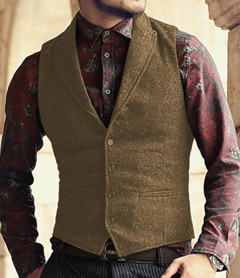 Men's Classic Suit Vest Herringbone Pattern Business Waistcoat Notch Lapel Wool Tweed Groomsmen Waistcoat For Wedding