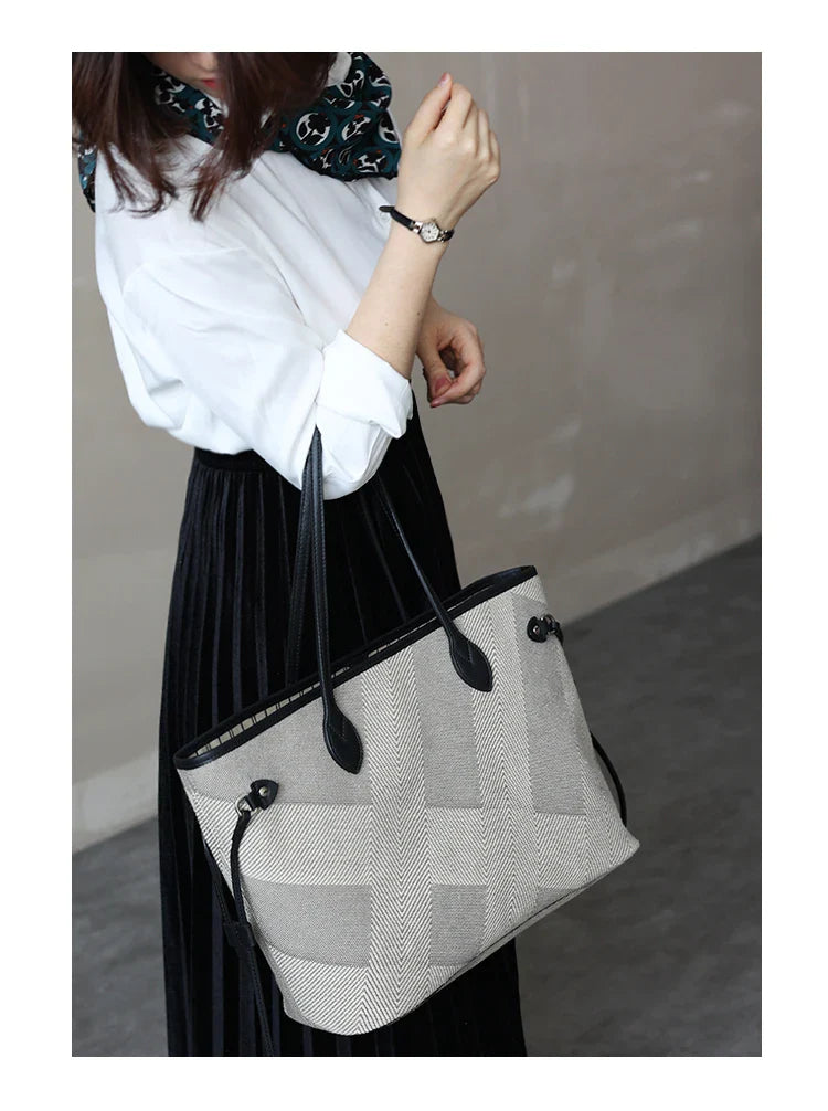 Women's Fashion Shoulder Bag Luxury Designer Handbag Large Capacity Canvas With Genuine Leather Tote For Shopping,Commuting,Work