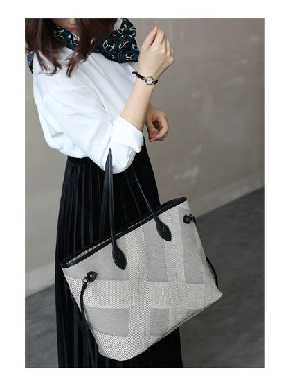 Women's Fashion Shoulder Bag Luxury Designer Handbag Large Capacity Canvas With Genuine Leather Tote For Shopping,Commuting,Work