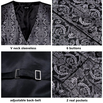 Luxury Men Silk Vest Gold Black Blue Red Green Purple Floral Waistcoat Tie Hanky Cufflinks Brooch Wedding Formal Business
