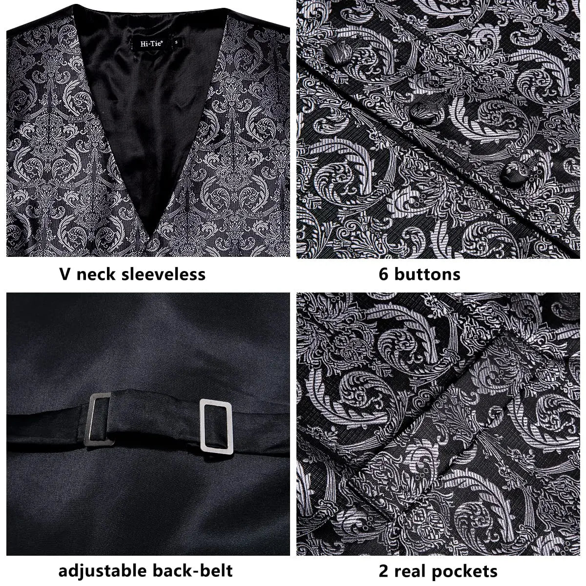 Luxury Gold Black Mens Vests Print Jacquard Waistcoat Tie Hanky Cufflinks Brooch Set for Men Wedding Formal Business Hi-Tie