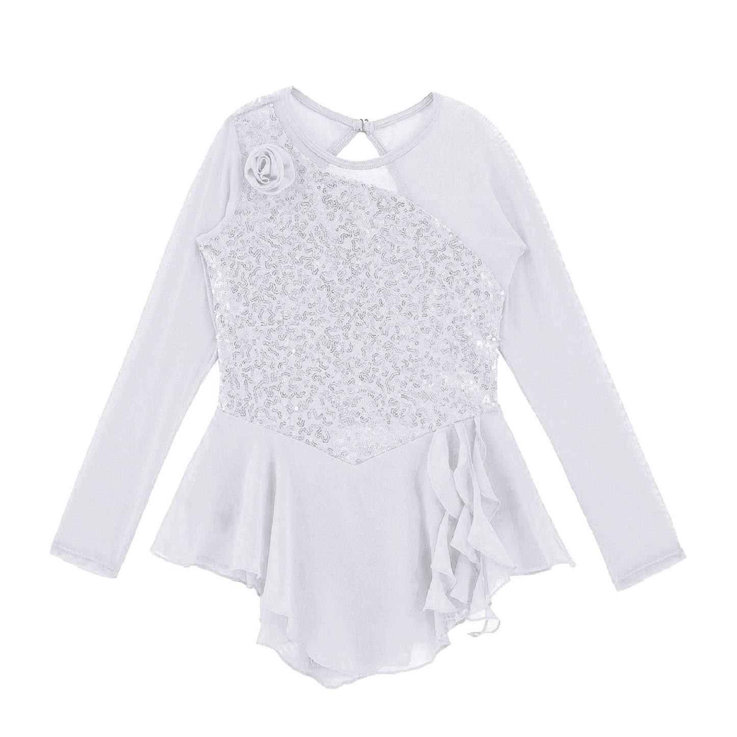 Girls Figure Ice Skating Dress Sparkly Sequin Gymnastics Dance Ballet Tutu Leotard Kids Long Sleeve Mesh Splice Dance Costume
