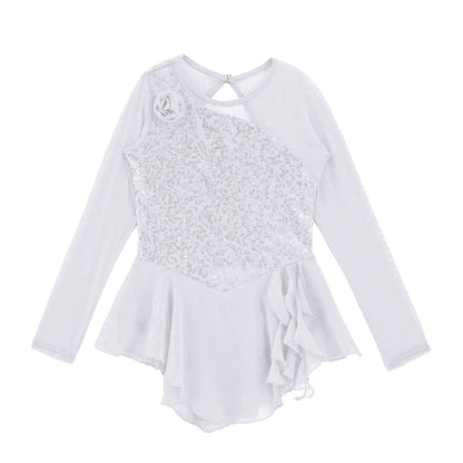 Girls Figure Ice Skating Dress Sparkly Sequin Gymnastics Dance Ballet Tutu Leotard Kids Long Sleeve Mesh Splice Dance Costume
