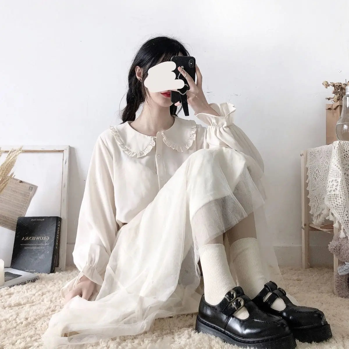 Peter Pan Collar Sweet Shirt Women Lolita Japanese Kawaii Blouse Puff Long Sleeve Elegant White Female Top Basic School Shirts