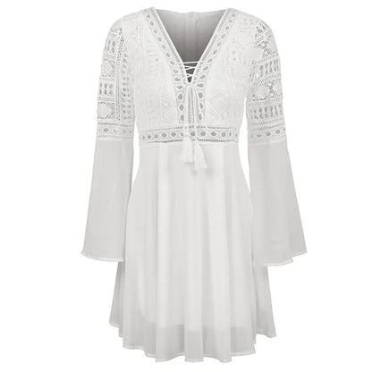 Women's A Line Dress Short Mini Dress White Black Red Long Sleeve Solid Color Ruffle Patchwork Chiffon Spring Summer Slim V Neck