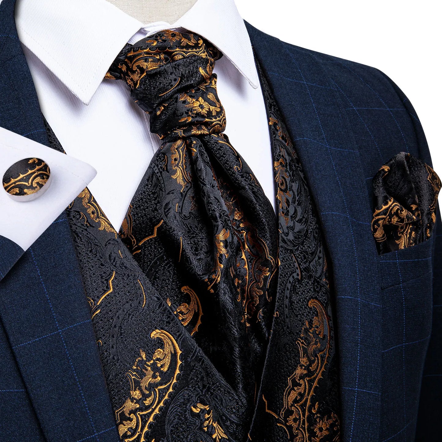 Men Gold Paisley Waistcoat Ascot Tie Pocket Square Necktie Ring Set Wedding Formal Dress Vests Sleeveless Jacket