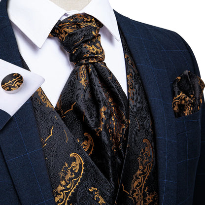 Men Gold Paisley Waistcoat Ascot Tie Pocket Square Necktie Ring Set Wedding Formal Dress Vests Sleeveless Jacket