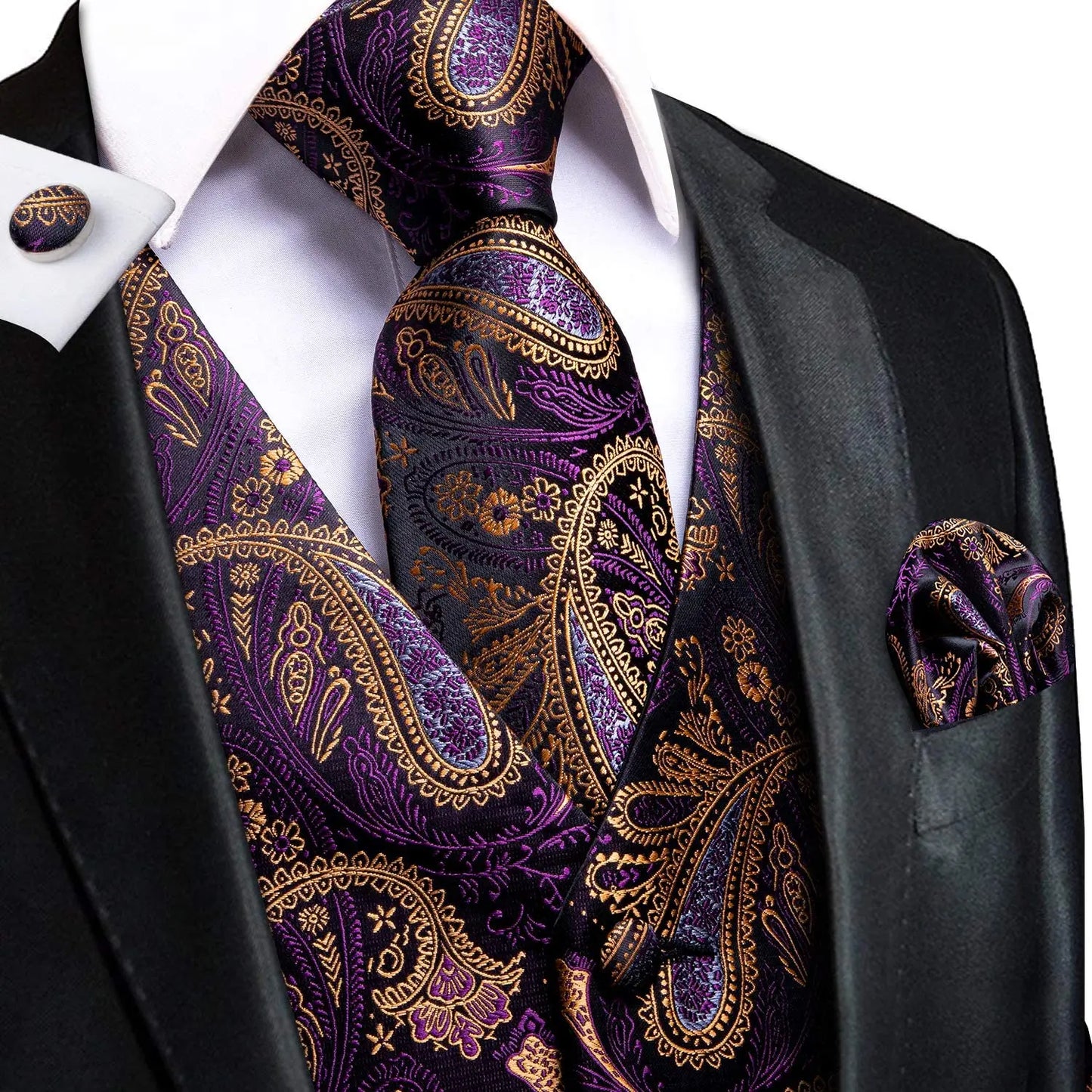 Navy Blue Mens Silk Vests Business Paisley V-Necl Waistcoat Tie Hanky Cufflinks Brooch Set for Men Suit Wedding Formal Hi-Tie