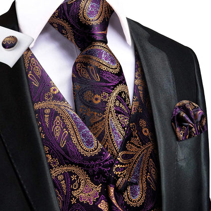 Navy Blue Mens Silk Vests Business Paisley V-Necl Waistcoat Tie Hanky Cufflinks Brooch Set for Men Suit Wedding Formal Hi-Tie