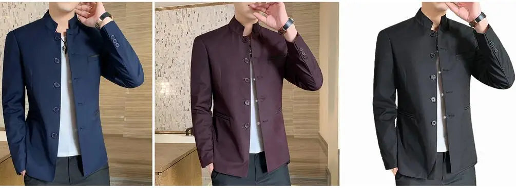2026 New Men's Black Blazers Coat, Masculino Single Breasted Stand Up Collar Men Long-Sleeved Terno Jacket, Blue Red Overcoat