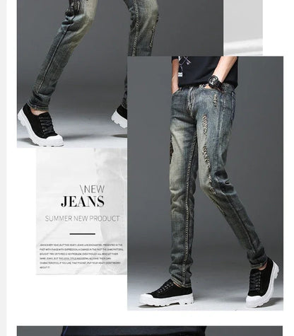 Indian Avatar Embroidered Jeans Men Scratch Long Cracks High Street Pants Soft Red Ears Blue Grey Slim 2020 Western Style