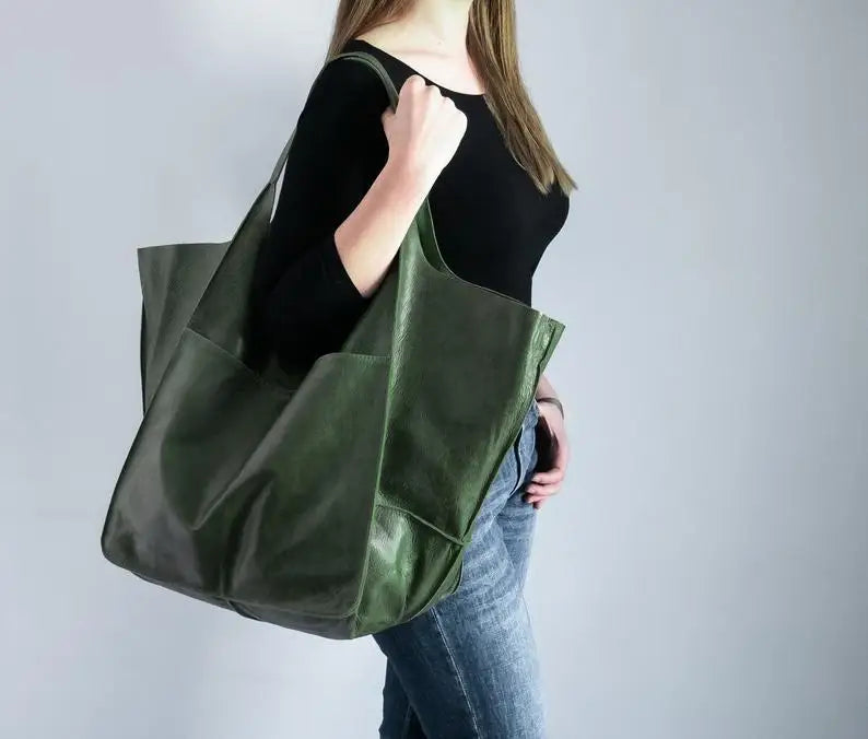 Casual Soft Large Capacity Tote Women Handbags Designer Aged Metal Look Luxury Pu Leather Shoulder Bag Retro Big Shopper Purses