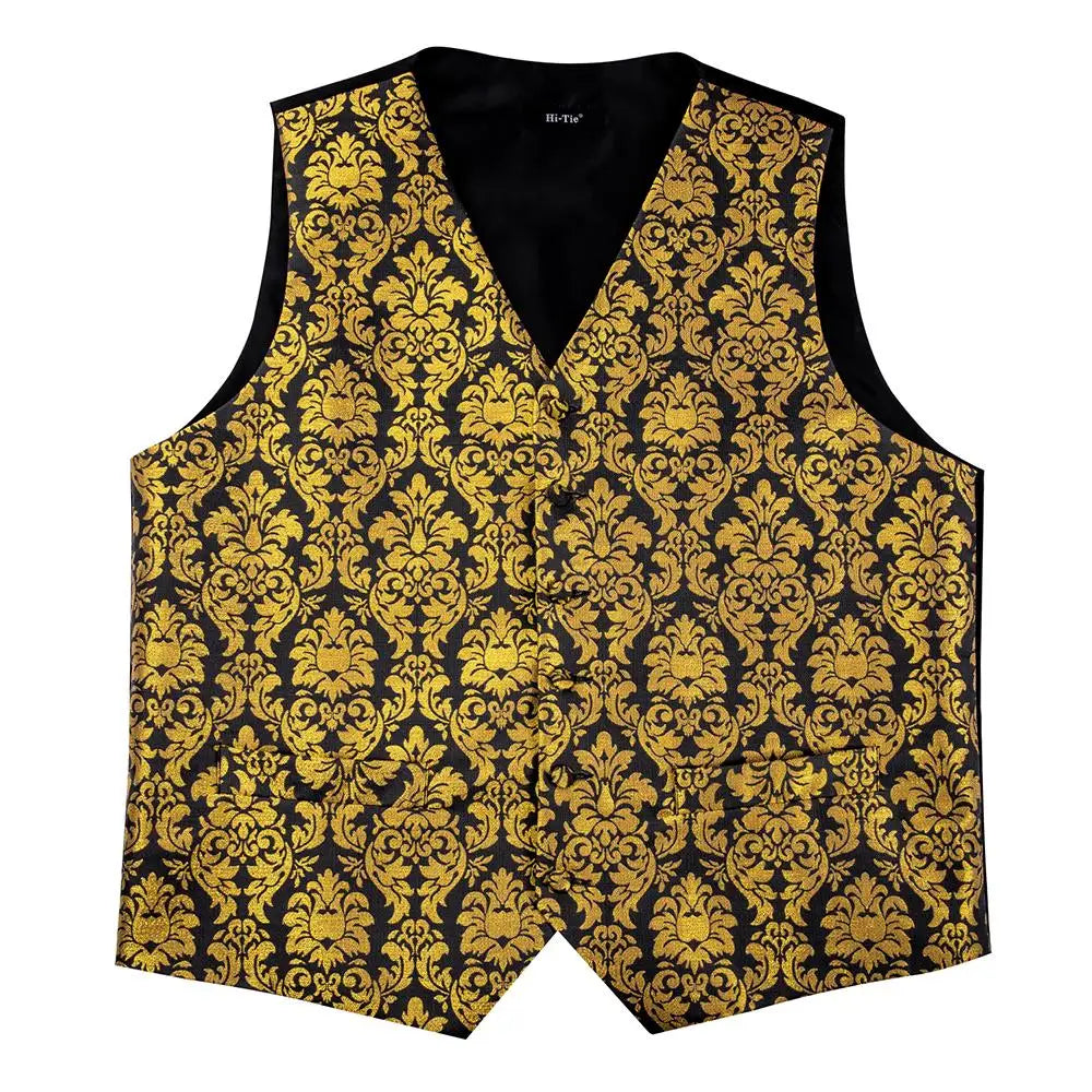 Fashion Silk Vest For Men Classic Gold Champane Yellow Waistcoat Jacket Tie Hankerchief Cufflinks Sets Dress Suit Wedding Hi-Tie