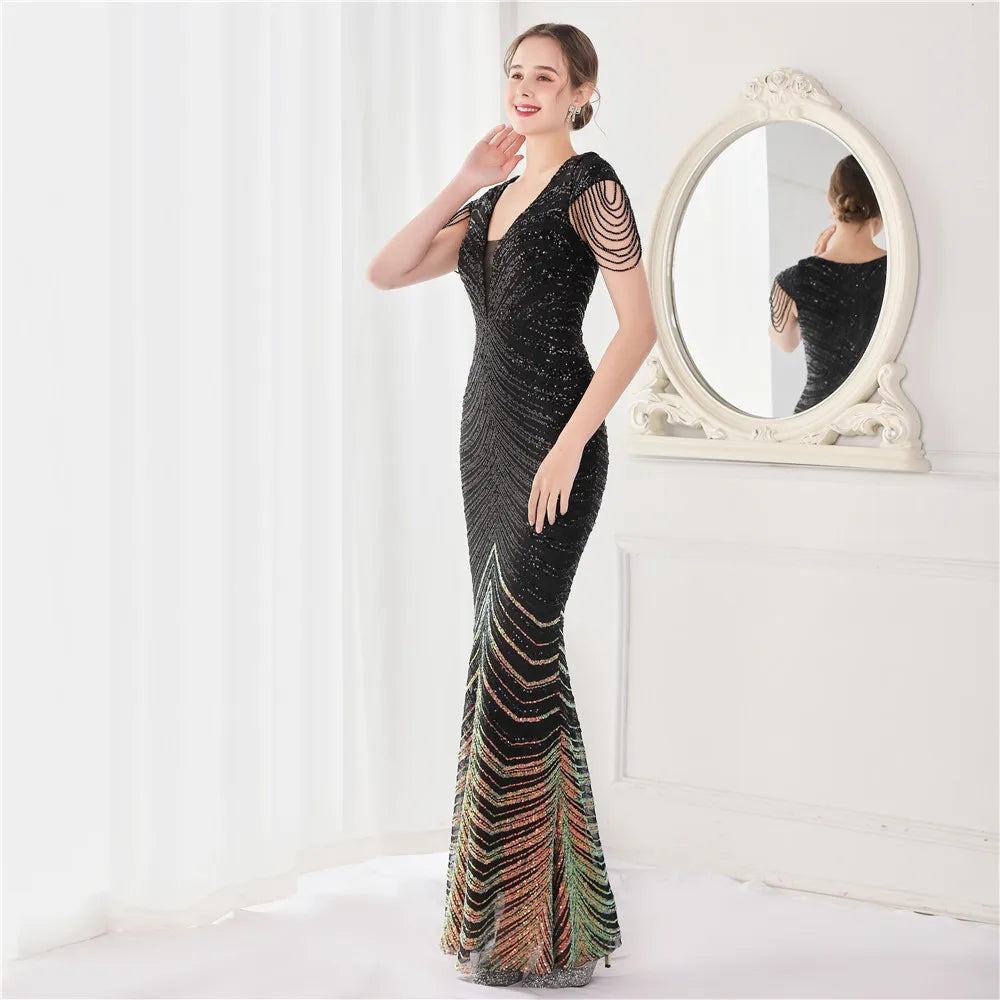 Elegant V Neck Mermaid Evening Dress Long Luxury Beads Women Evening Party Dresses 2025 New Formal Dress 19085