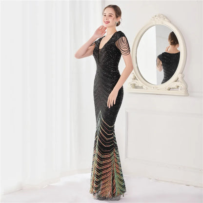 Elegant V Neck Mermaid Evening Dress Long Luxury Beads Women Evening Party Dresses 2025 New Formal Dress 19085