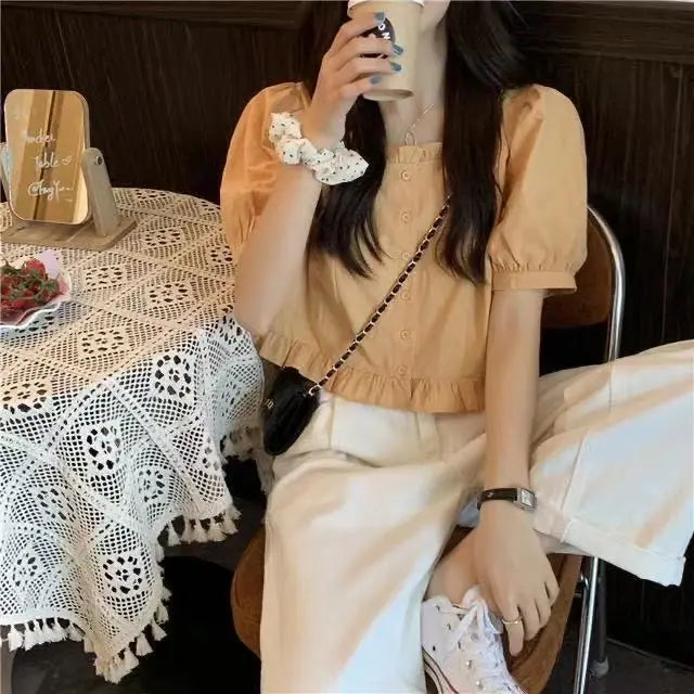 Korean Summer Ruffle Elegant Chiffon Cool Blouse Women Youthful Cute Cropped Tops Chic Short sleeve Feminine Shirt