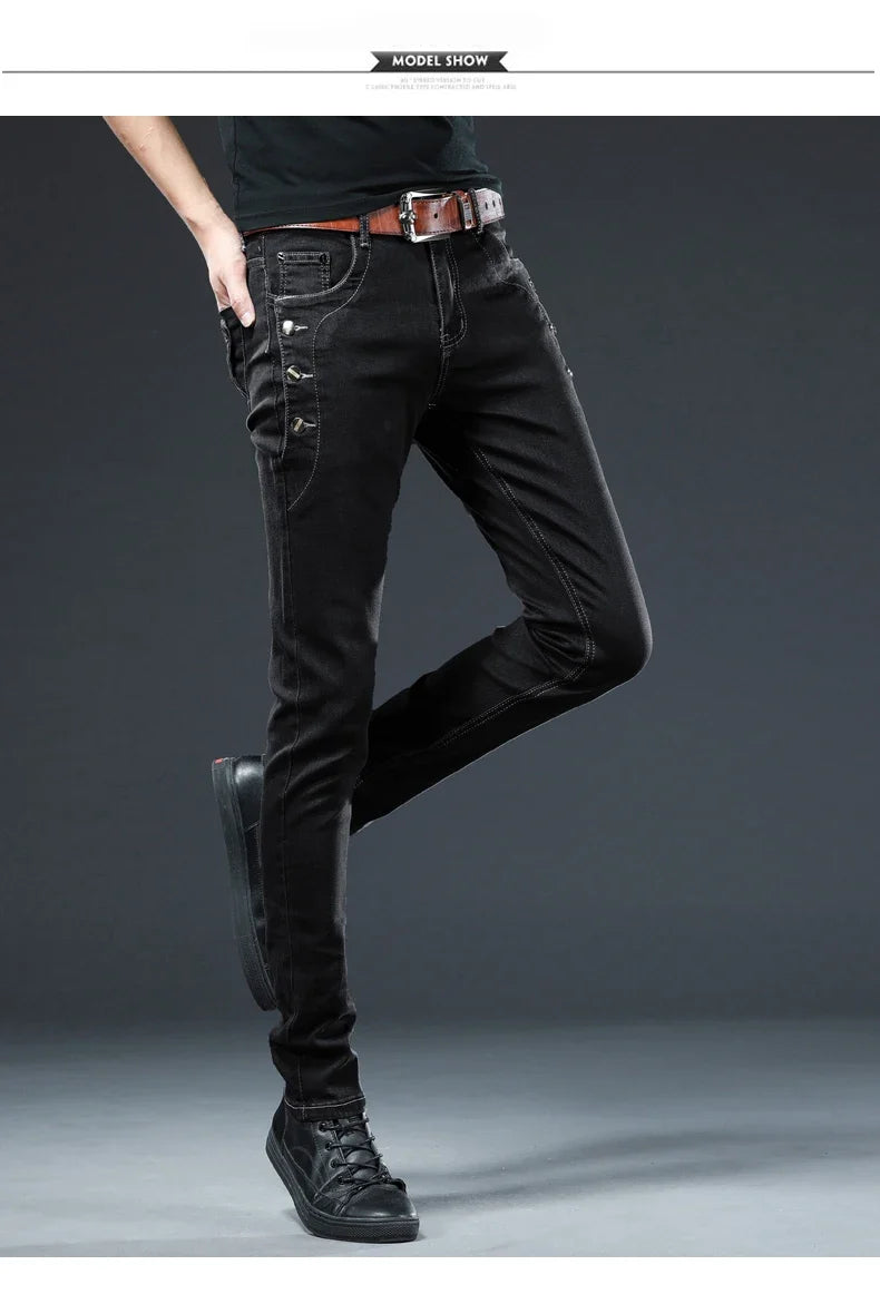 New Men Slim Button Black Skinny Jeans Solid Color Stretch Skateboard Multi-button Youth Male Denim Pants