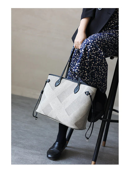 Women's Fashion Shoulder Bag Luxury Designer Handbag Large Capacity Canvas With Genuine Leather Tote For Shopping,Commuting,Work