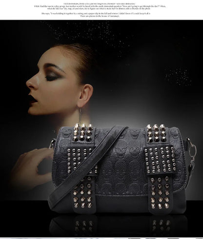 Women Black Leather Messenger Bags Single Skull Rivet Shoulder Bags Sac A Main Bolsa Black Vintage Sexy Bag Lady Drop