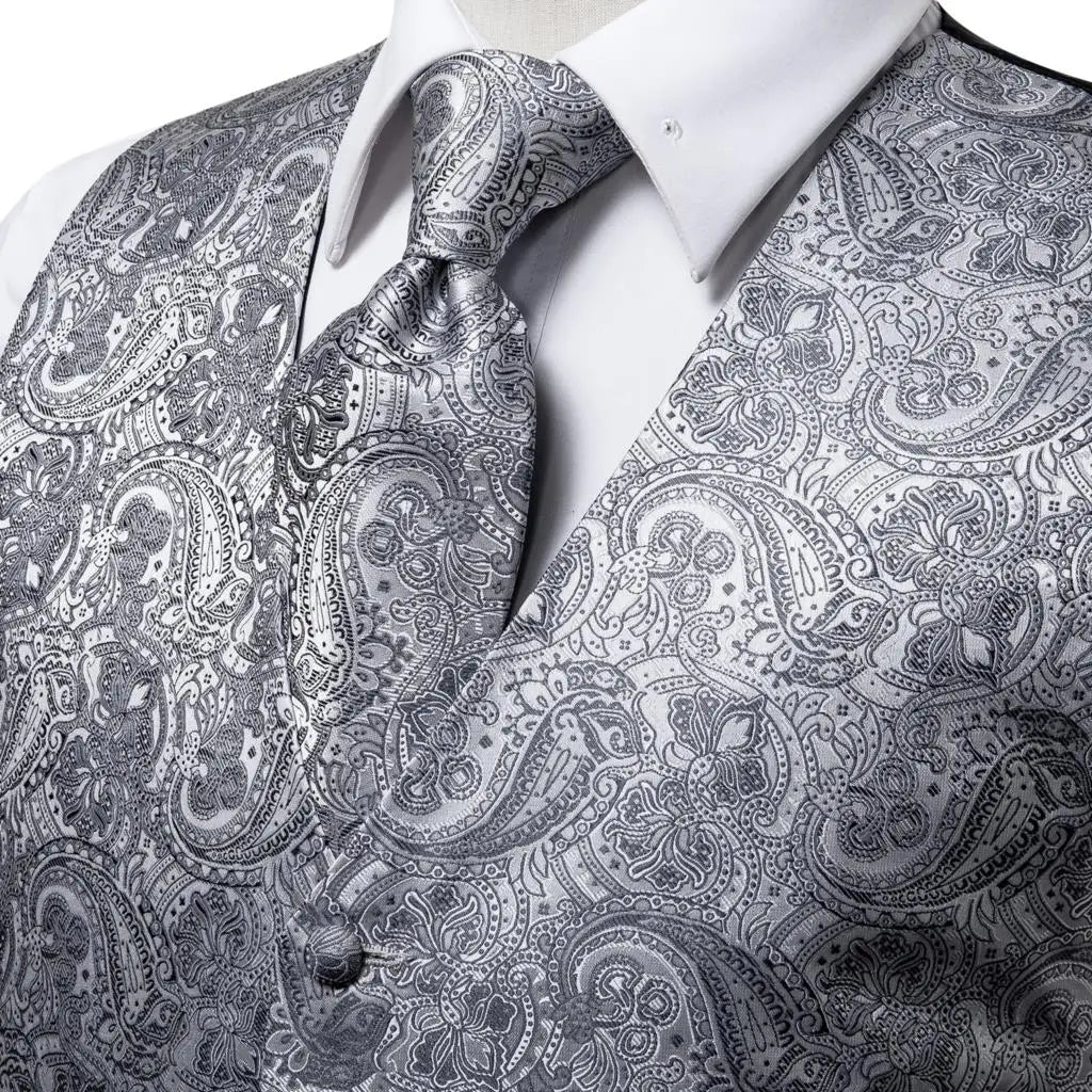 Silk Mens Vests Sleeveless Waist Jacket Jacquard Black Orange Floral Waistcoat Tie Hanky Cufflinks Set for Men Casual XXL