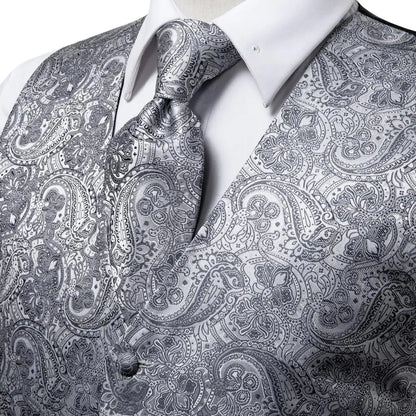 Silk Mens Vests Sleeveless Waist Jacket Jacquard Black Orange Floral Waistcoat Tie Hanky Cufflinks Set for Men Casual XXL