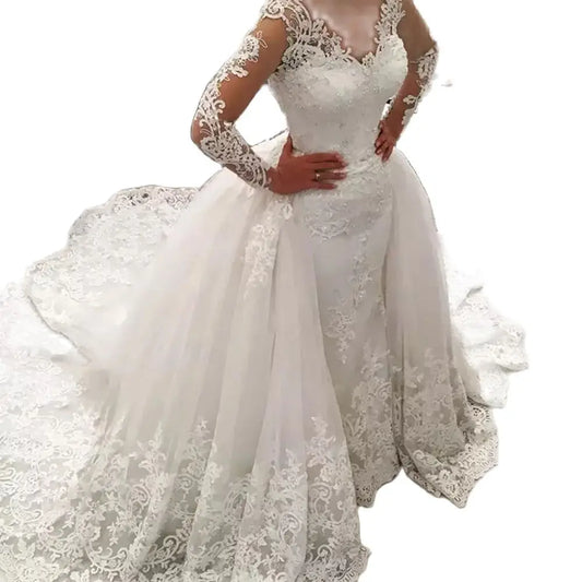 2023 New 2 in 1 Arabic Amazing Detachable Train Mermaid Wedding Dress G03 Long Sleeve Lace Bridal Wedding Gowns