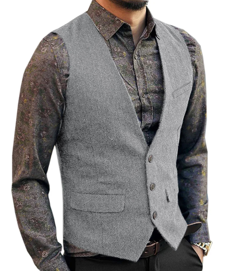 Men's V-Neck Suit Vests Fashion Formal Slim Fit Business Herringbone Dress Waistcoat for Tuxedo Wedding Party