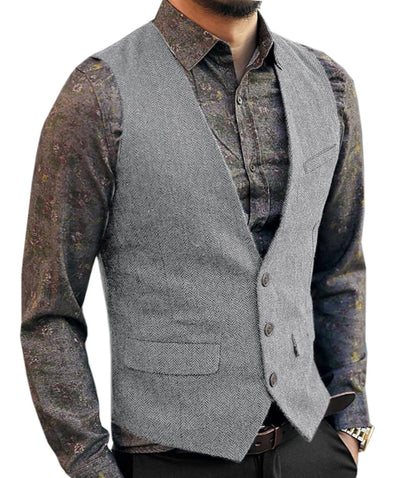 Men's V-Neck Suit Vests Fashion Formal Slim Fit Business Herringbone Dress Waistcoat for Tuxedo Wedding Party