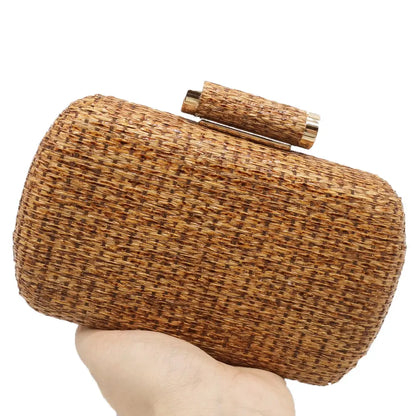 Straw Women Metal Clutches Chain Shoulder and Crossbody Bags Ladies Party Cockatail Evening Beach Clutch Purse