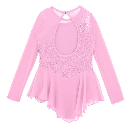 Girls Figure Ice Skating Dress Sparkly Sequin Gymnastics Dance Ballet Tutu Leotard Kids Long Sleeve Mesh Splice Dance Costume