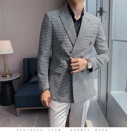 British Style Slim Fit Houndstooth Blazer For Men 2023 Fashion Double Breasted Business Office Wedding Dress Suit Jacket