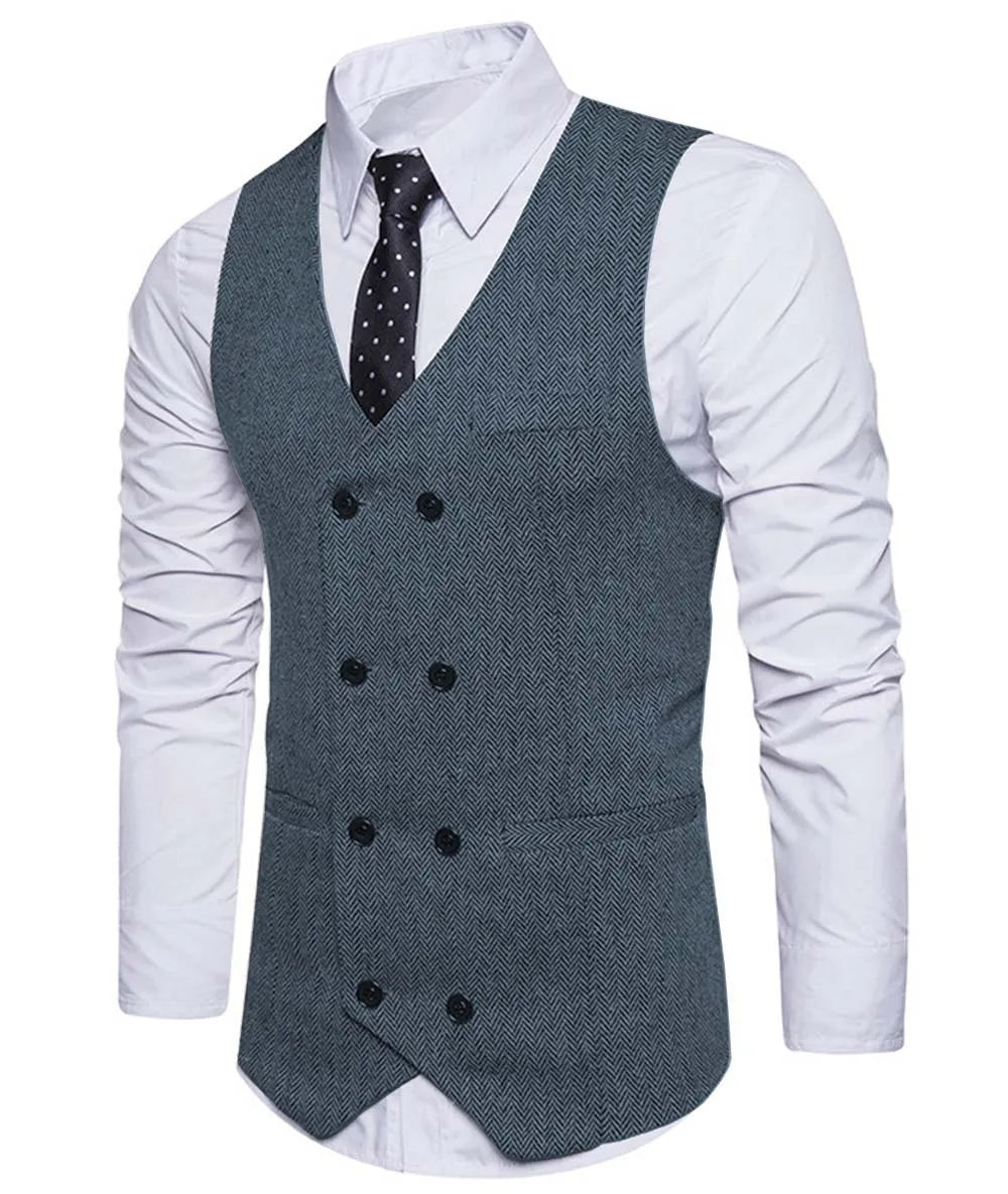 2022 New Men's Royal Blue Double-breasted Vest Suit Vest Casual Top Quality Herringbone Pattern Waistcoat For Wedding