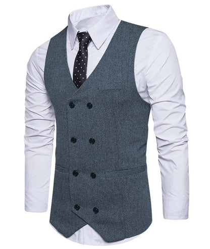 2022 New Men's Royal Blue Double-breasted Vest Suit Vest Casual Top Quality Herringbone Pattern Waistcoat For Wedding
