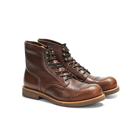 Durable Goodyear-Welted Motorcycle Rugged Heritage Boots Vintage Oil Genuine Leather 8111 Red Punk For Men Cowhide Mid-Cut Shoes