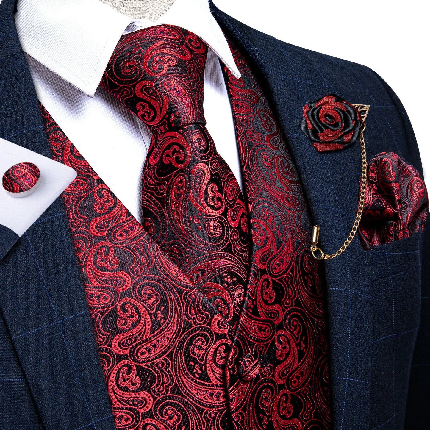 Classic Black Wedding Vest for Men Suit Vest Tie Ring Cufflinks Hanky Set for Party Formal Dress Business Casual Waistcoat
